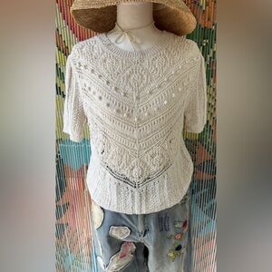Zara Cream Openwork Knit Short-Sleeve Sweater